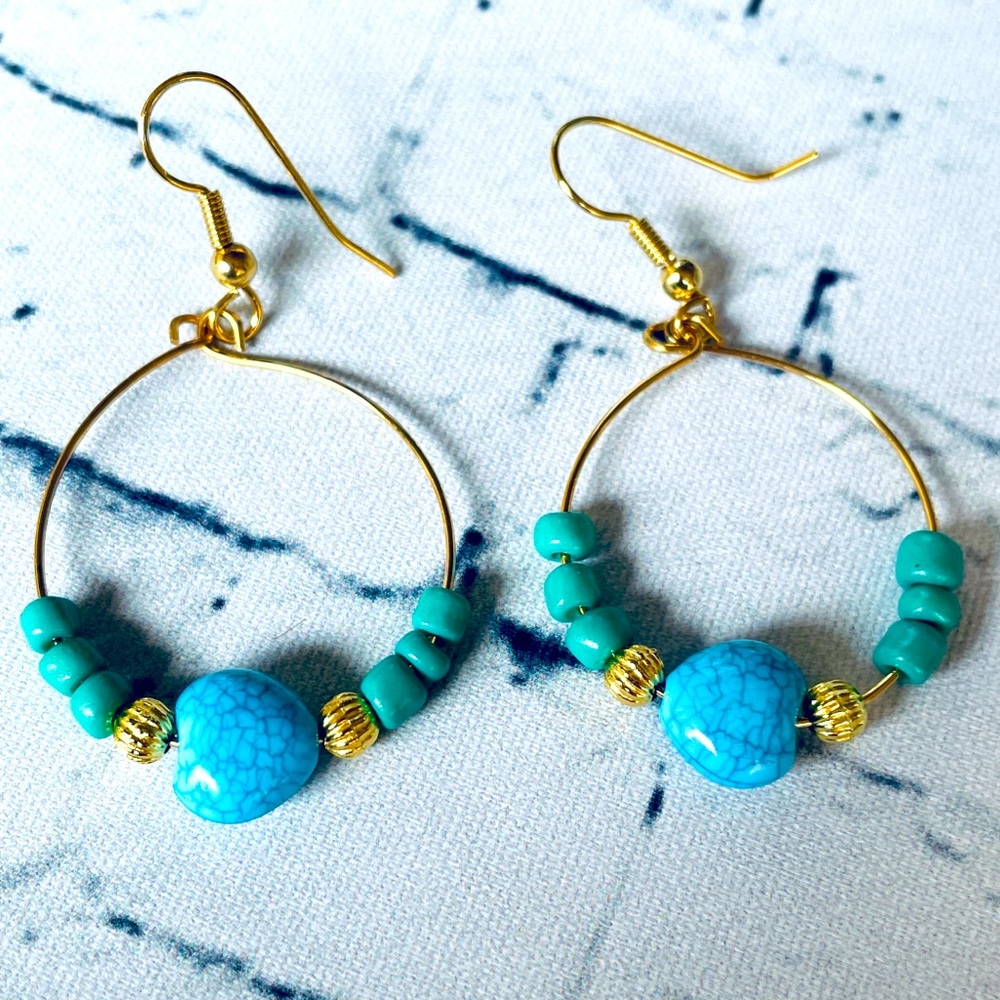 Handcrafted- Gold plated Turquoise Hoop Earrings